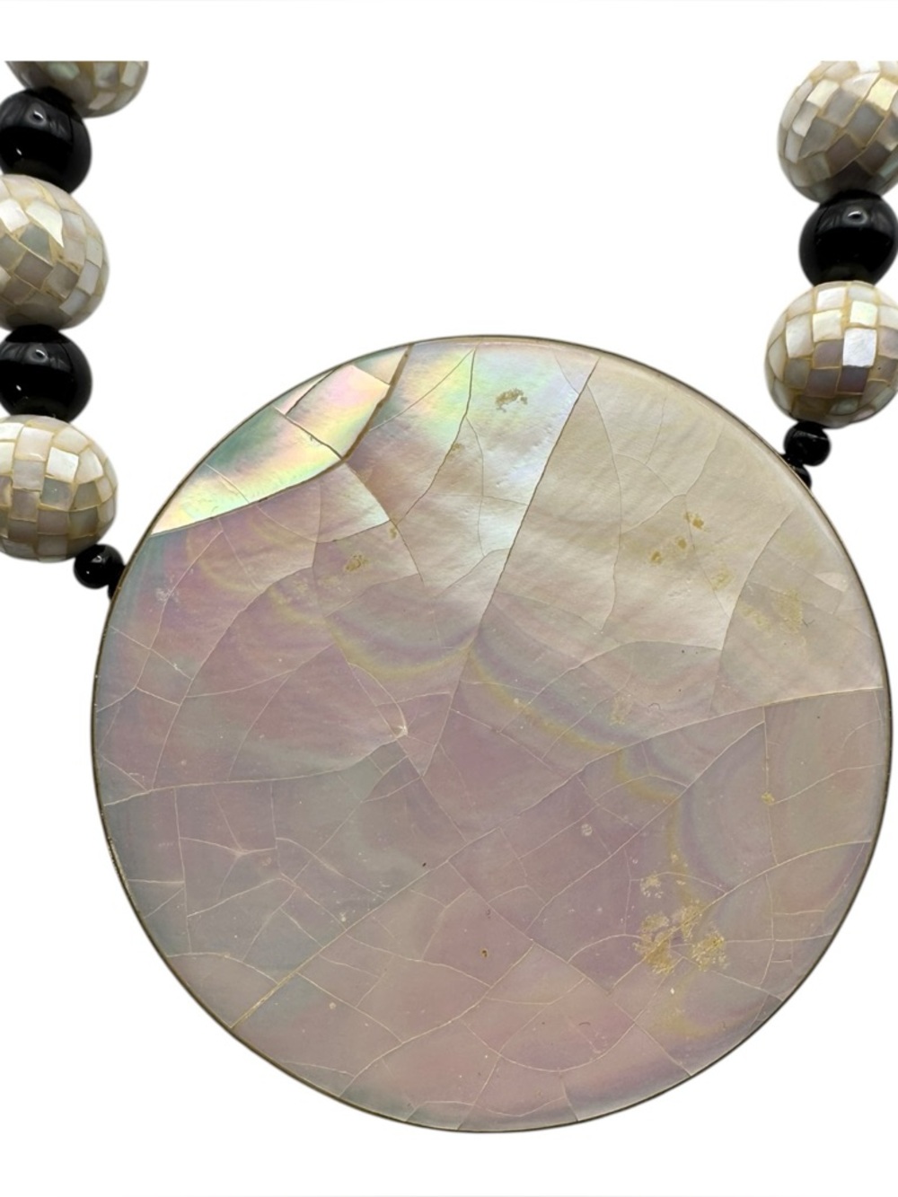 Mother of Pearl Mosaic‎ Disc Pendant Black Onyx Bead Necklace Silver Clasp